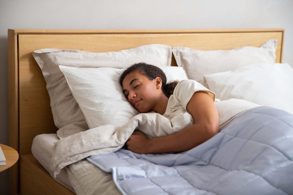 woman, bed, blanket